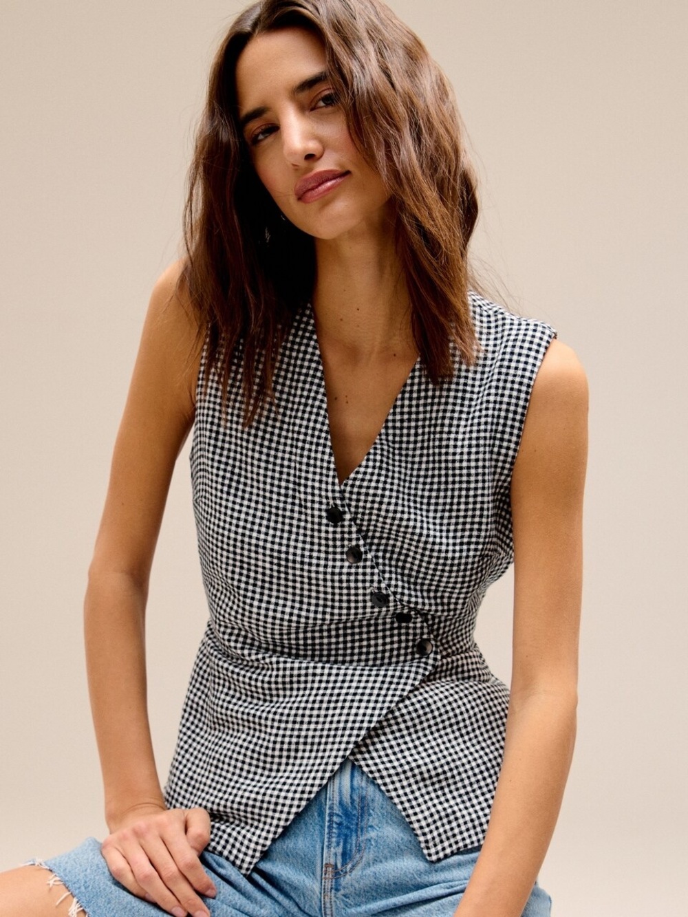 NWT Abercrombie Gingham Asymmetrical Linen-Blend Vest